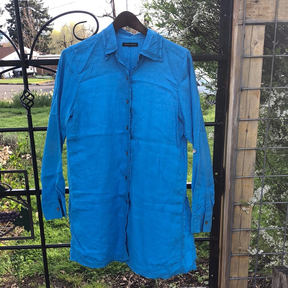 Valerie Stevens turquoise blue linen tunic and pants size S
